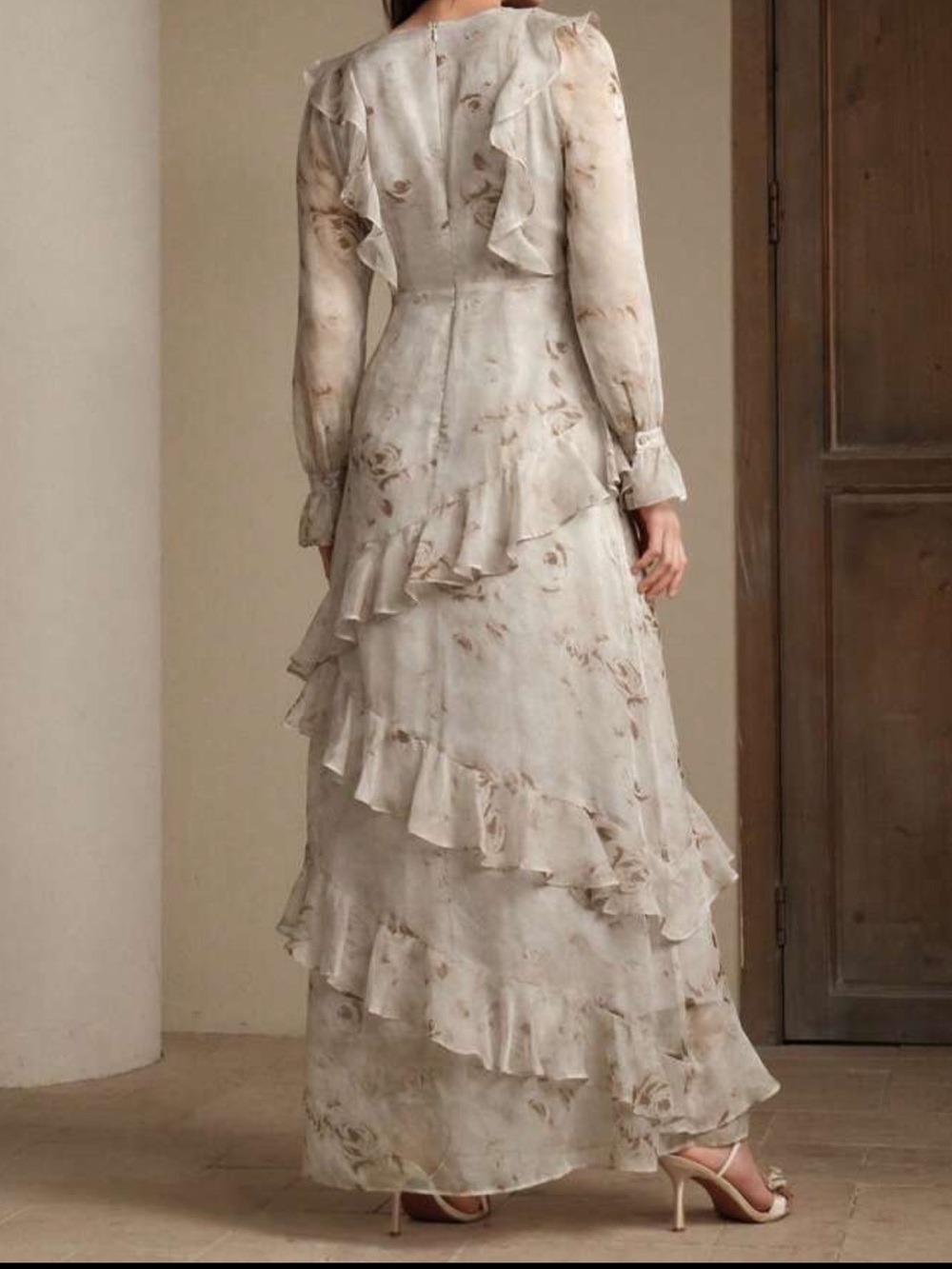 Romantic Floral Ruffle Maxi Dress in Light Beige - Picture 2 of 8